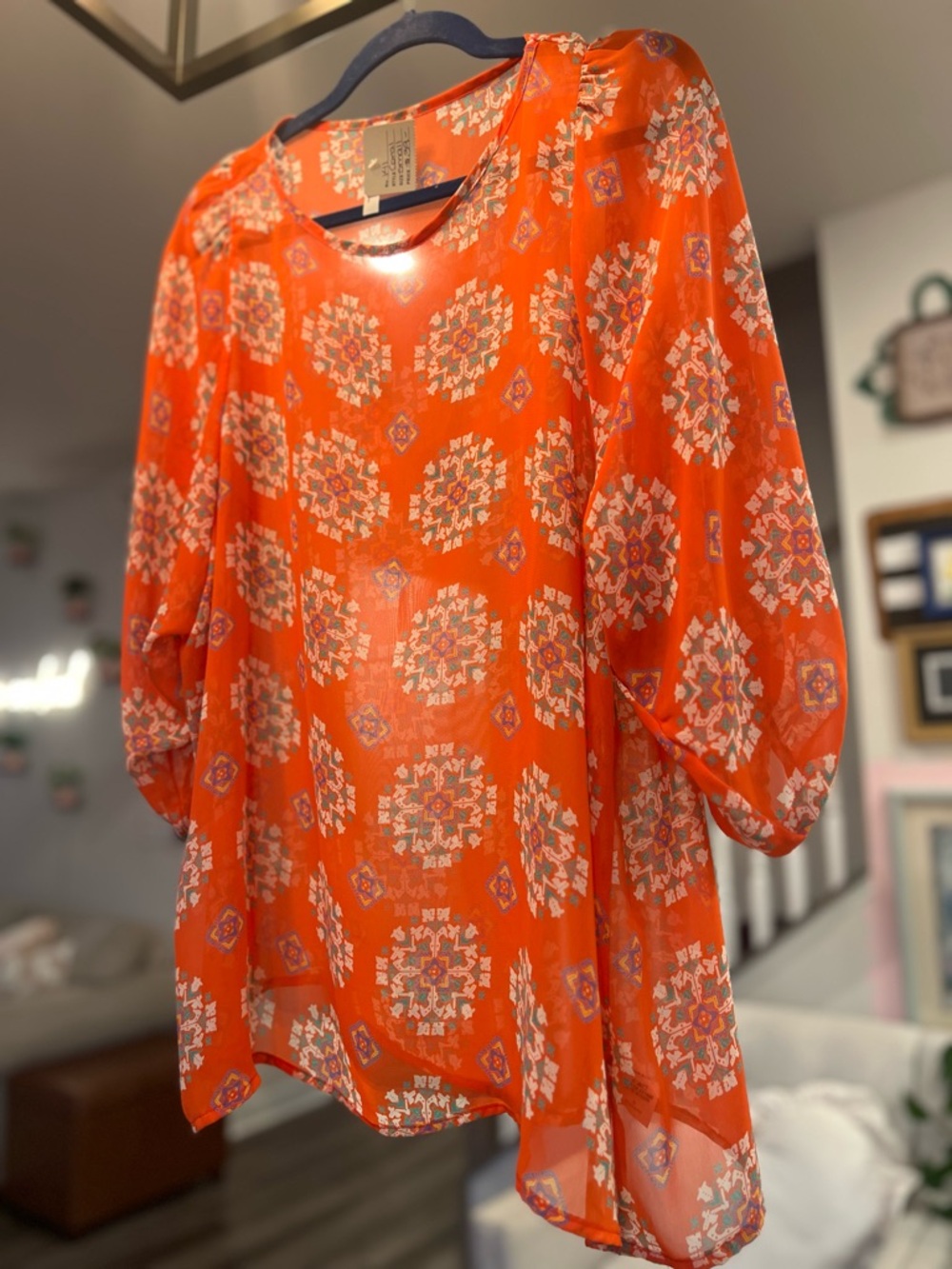 Orange Printed Sheer Blouse with Three-Quarter Sleeves